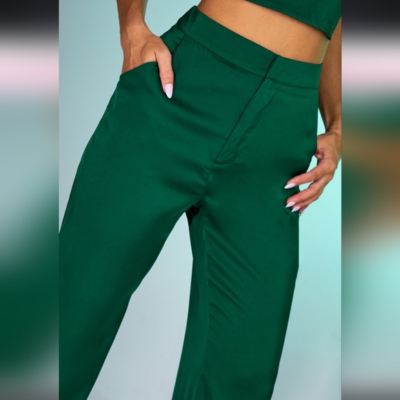 Forest Green Satin High Waist Wide Leg Pants - Picture 2 of 11